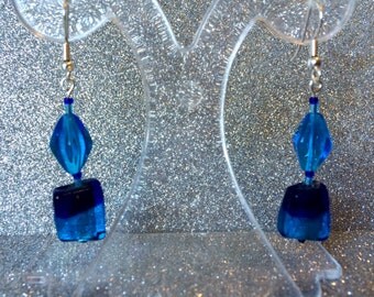 Turquoise Blue and Dark Blue Foiled Chamfer Glass Earrings Ladies Jewellery-Gifts for her-Handmade Earrings-Ladies Present-Gifts for women