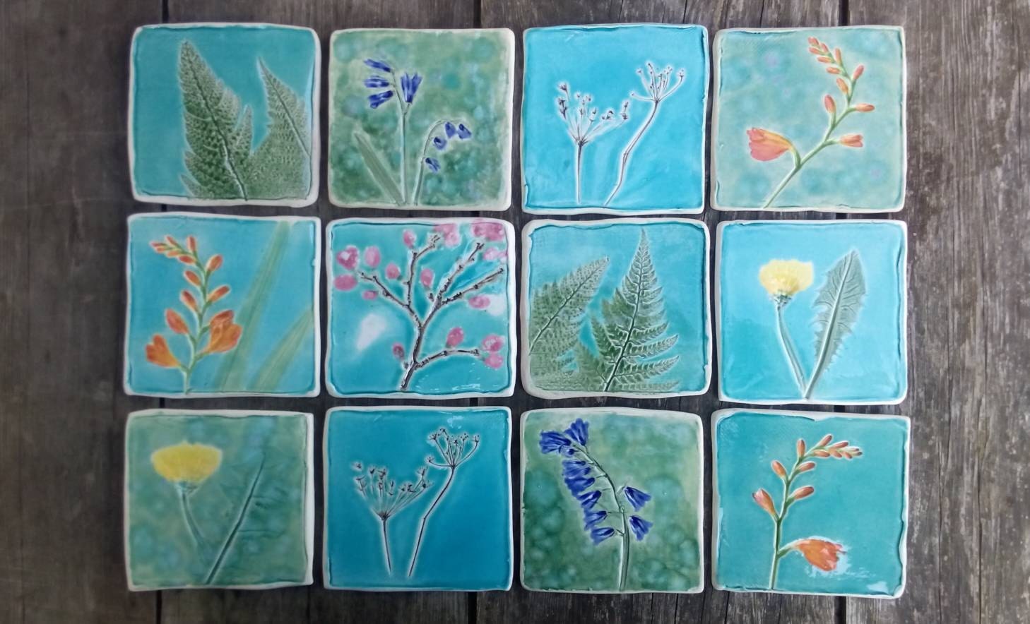 Botanical ceramic tile Spring flowers hand cut tile