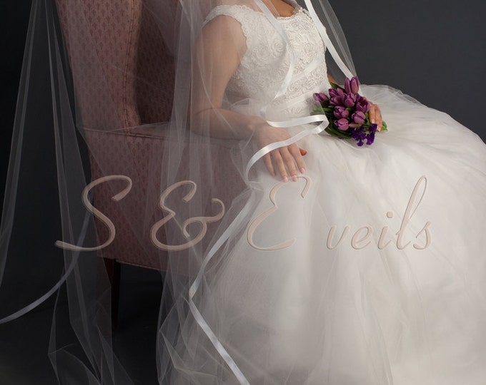 1-Tier CASCADING CATHEDRAL Veil with Satin ribbon, bridal veil, wedding veil, white, diamond white, ivory color, wedding accessories