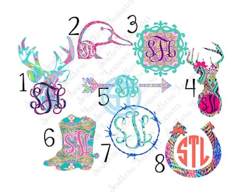 Lilly Pulitzer inspired Southern Themed printed decal or heat transfer (iron on) deer, buck, horseshoe, boots, duck, barbed wire