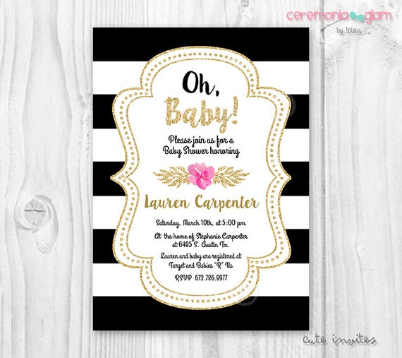 Baby Shower Invitation Girl Baby Shower Invite Black White Stripe Invitation Gold Glitter and pink Il_570xn