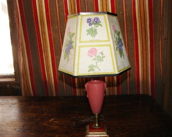 Cute Antique Pink Glass and Toffee Colored Slag Glass Table Bedroom Lamp with Flower Shade ~ Boudoir Lamp ~ HyArt Lamp NY
