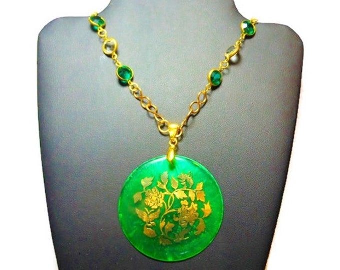 Handmade Capiz shell pendant with gold floral decal, wire wrapped infinity connectors, green and clear Swarovski crystal beads, gold plated