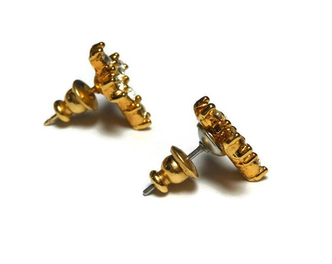 Trifari cross earrings, small 1980s 14K gold post rhinestone cross post earrings, stud earrings on original card