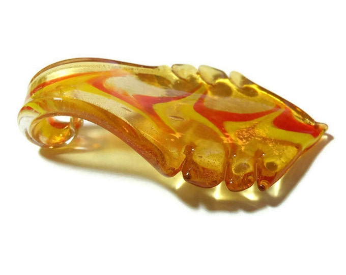 Large lampwork pendant, bright yellow and reddish orange design on a golden yellow background leaf, 60mm X 38mm