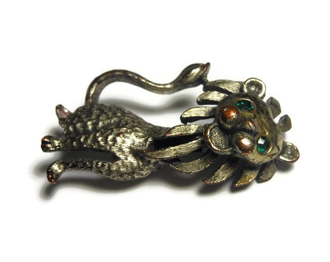 SALE 1940s Lion brooch, Leo the lion with green rhinestone eyes cheeks turned ruddy from age, silver rubbing to reveal copper patina, zodiac