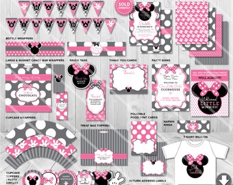 Minnie Mouse Party Decorations, Minnie Mouse Party Ideas, Printable Minnie Mouse Birthday Party Package, Minnie Mouse Party Kit Grey Pink
