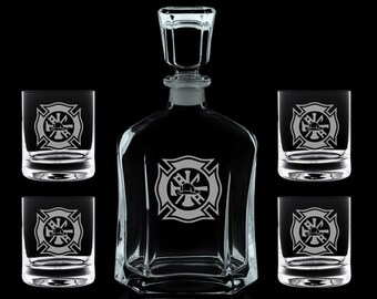 Personalized firefighter whiskey decanter set fireman firefighter fire department promotion retirement gift