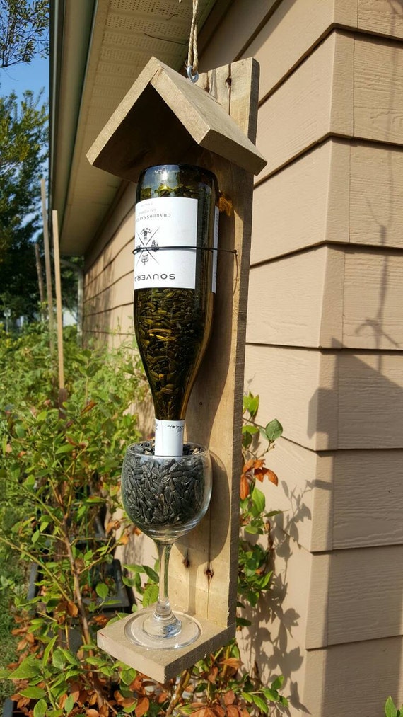 Wine bottle bird feeder. Reclaimed wood bird feeder. Red wine