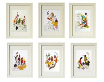 Set of 6 prints Flower print wall art Set of 6 bird print Fine art Flower art Print nursery set Wall art set Dry flower art print set