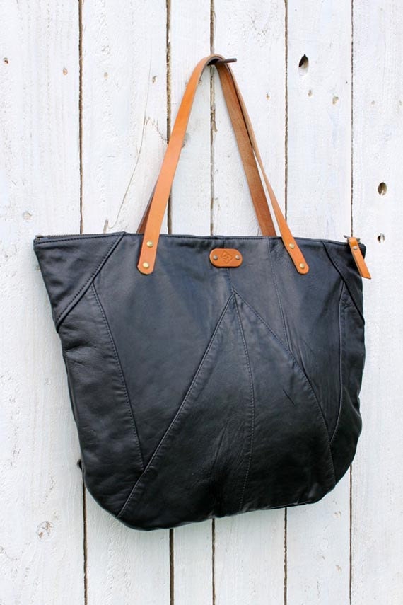 Items similar to Upcycled Black leather tote bag with striped lining on ...