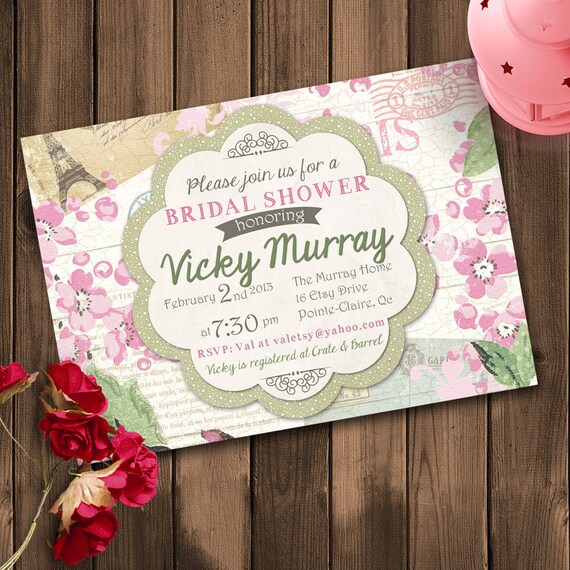 Bridal Shower Invitation- Shabby chic, Paris, vintage inspired, pinks and green floral - Spring, Summer - Customized, Printable designs Il_570xn