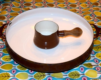 Two vintage chocolate Dansk enamelware pieces. Paella pan and butter/gravy pan