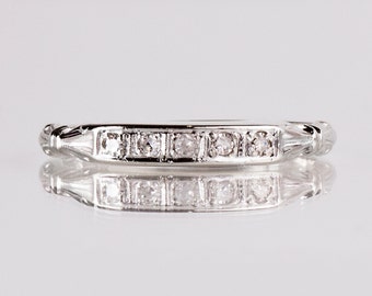 Antique Wedding Band - Antique 1930s 18K White Gold Diamond Wedding Band