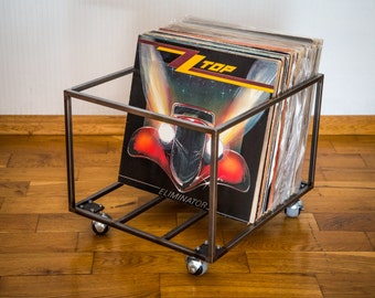 12" Vinyl LP record storage metal crate // minimalistic style box on four rotating wheels //container holds over 80 LP records/free shipping
