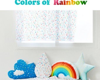 Colors Of Rainbow Fabric, Rainbow Rain Drop Curtain Cushion Fabric, White Cotton Polyester Blended Digital Print Fabric - One Panel 60x140cm