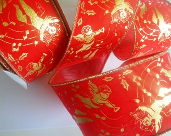 Velvet Angels Wired Ribbon, Red / Gold, 2 1/2 inch wide, 1 yard, For Gift Packing, Wreaths, Center Pieces, Home Decor, Victorian Crafts.