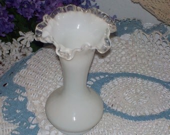 Ruffled Vase, Fenton Glass, Silver Crest, Tall Milk Glass A little over 8 In Tall 4 in across/Not Included in Clearance Coupon Sale:)S
