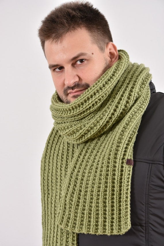 Hand Knit Wool Scarf Men Long Classic Mens Rib Scarf. Big