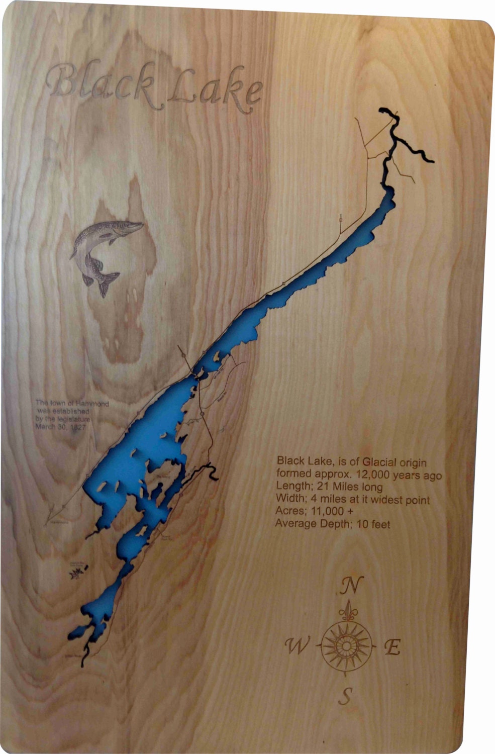 Wood Laser Cut Map of Black Lake NY Topographical Engraved by PhDs