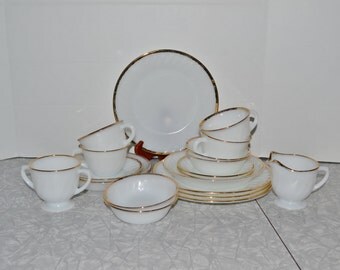 White Fire King Dinnerware Set of 20 ~ Gold Fire King ~ Epsteam
