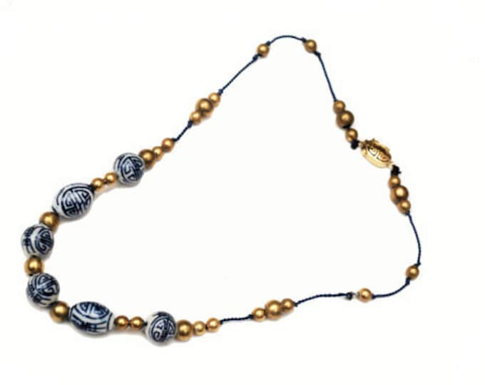 Blue White Bead necklace Chinese porcelain Blue Gold bead blue silk strand