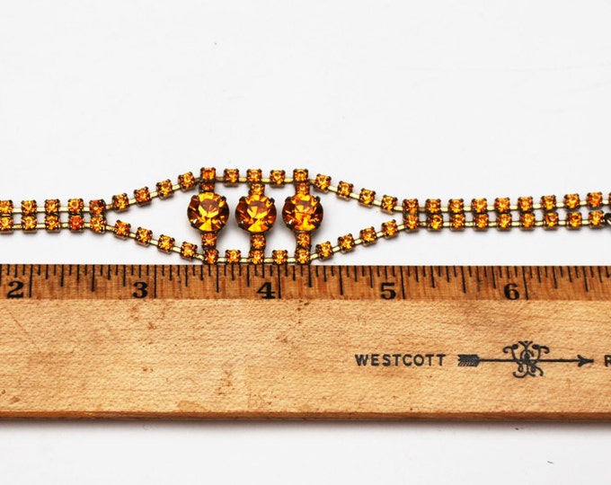 Rhinestone Bracelet Amber Orange rhinestones safety chain Mid century