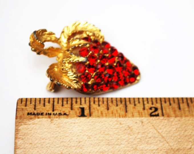 Red Strawberry Brooch - Rhinestone - gold -fruit pin