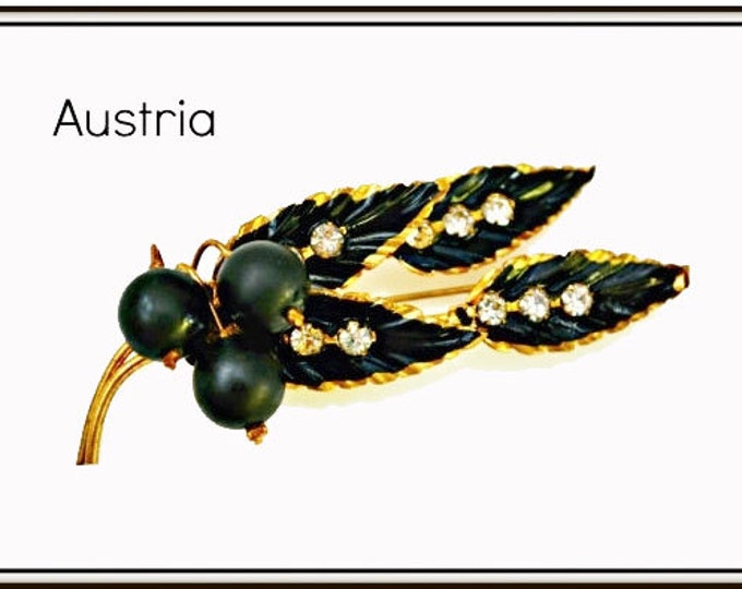 Leaf Brooch - Signed Austria - Rhinestone - Gold metal Black Enamel - crystal - Leaf Pin