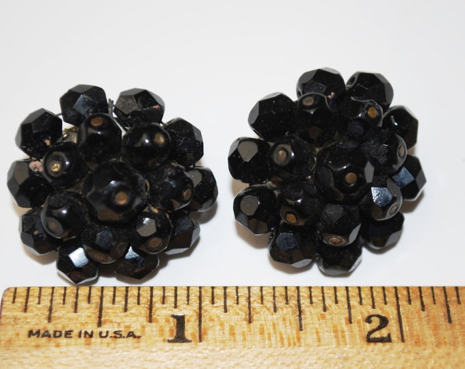 Laguna Earrings Black Glass Bead Cluster Clip on Earrings