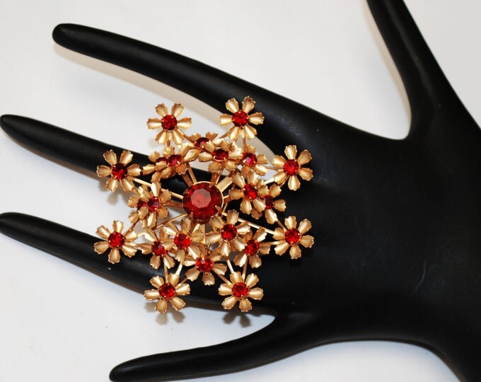 Vintage Large Flower Brooch - Red Rhinestone - slightly domed - gold flower - Mid Century floral pin - Atomic