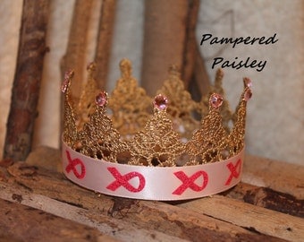 Ready to Ship- SALE -Breast cancer pink ribbon crown, baby girl crown, Gold crown, Crown, princess crown, photo prop crown, birthday crown
