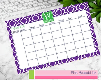 Custom Monthly Desk Calendar Personalized Desk Calendar Monogrammed Monthly Calendar Menu Planner Choose Colors