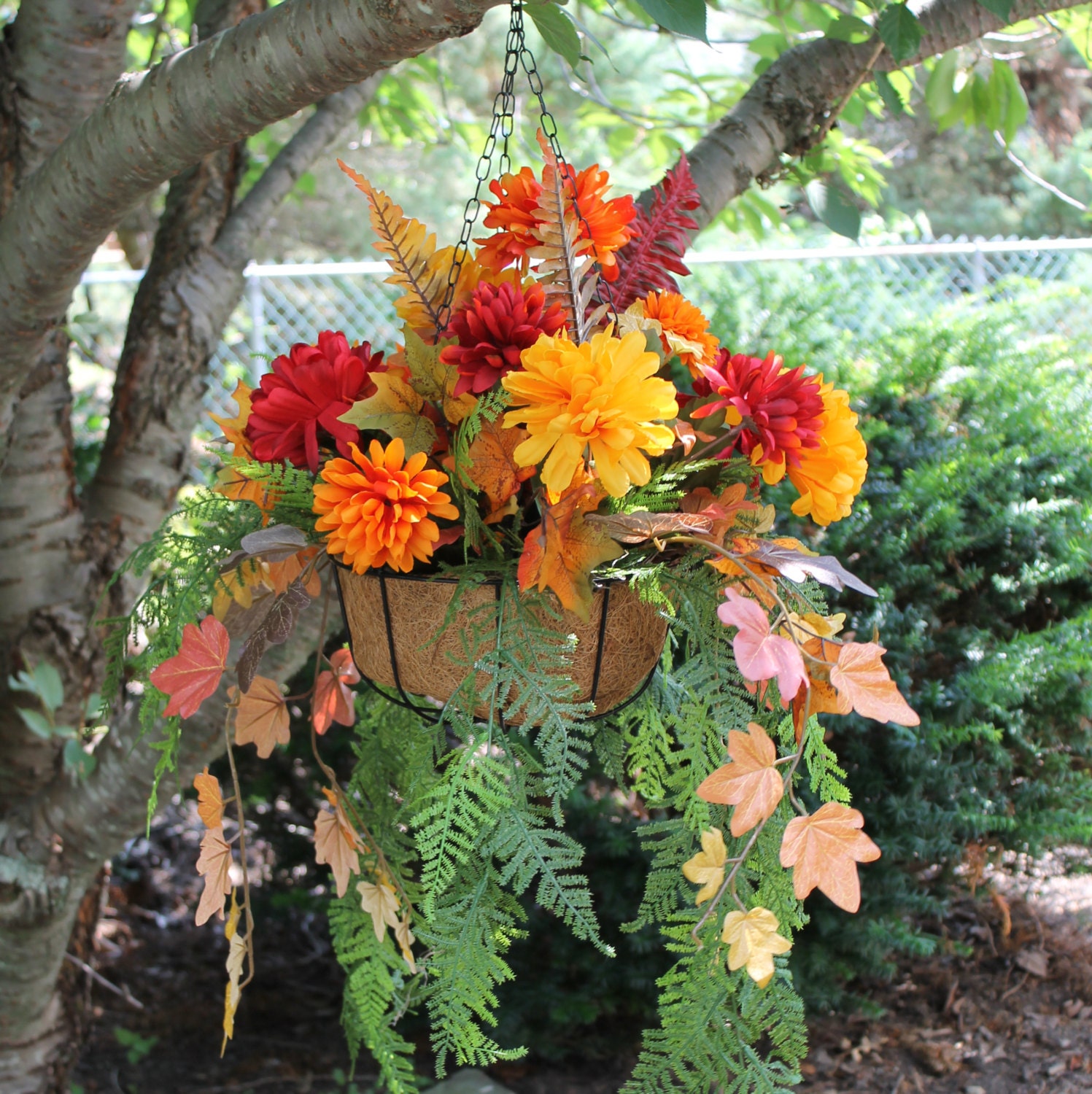 Silk Fall Hanging plant with colorful Mums and long hanging