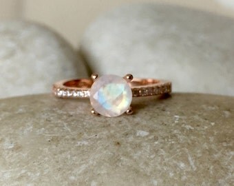 Rose Gold Moonstone Engagement Ring- 4 Prong Promise Ring for her- Rainbow Moonstone Solitaire Ring- June Birthstone Rose Gold Ring