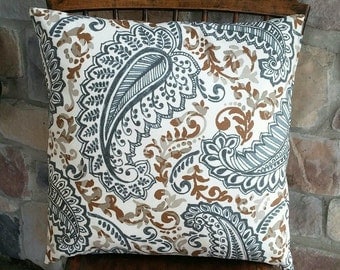 Natural, Brown and Grey Paisley Print Pillow Cover - Various Sizes Avail