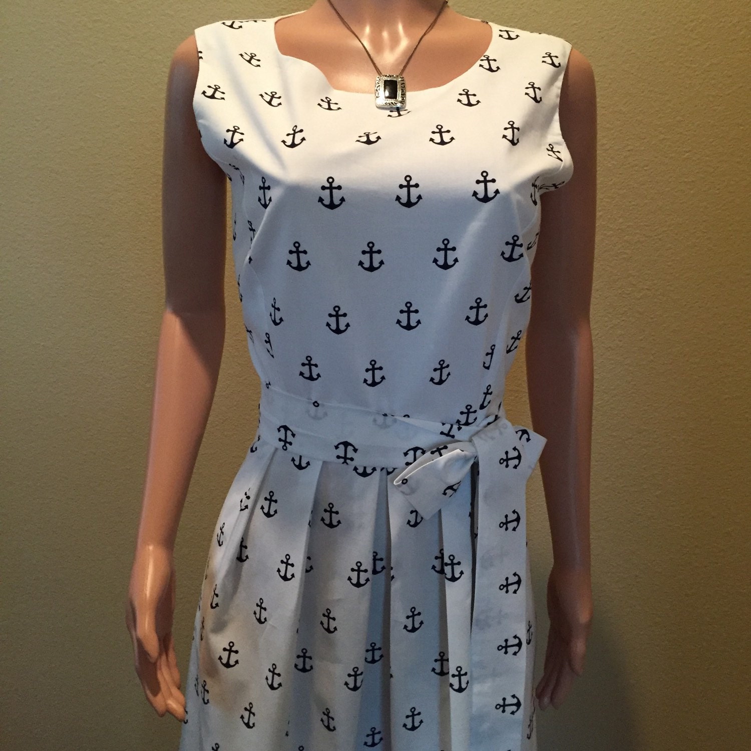 White and Navy Anchor Print Career Dress