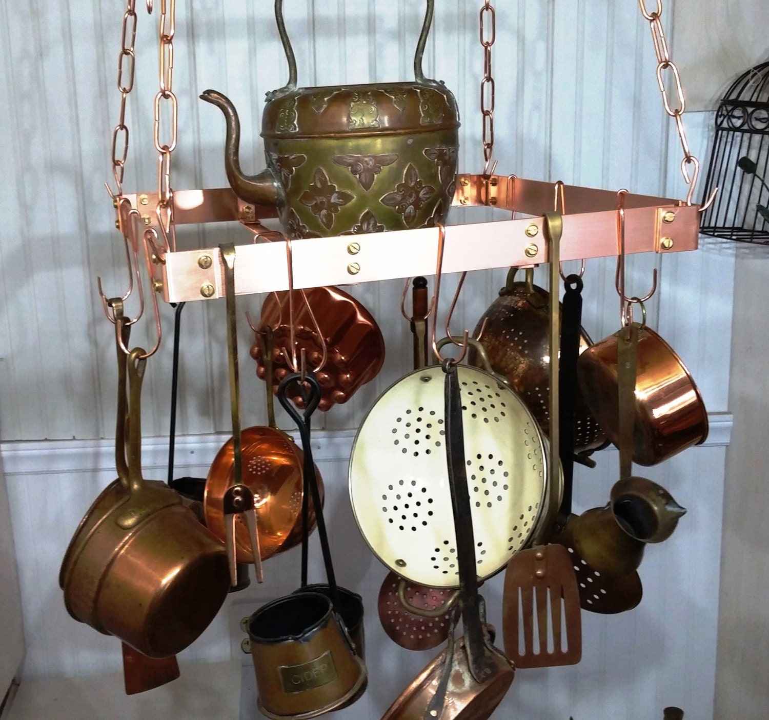 18 Inch SQUARE Hanging Solid Copper Pot Rack  with 16 hooks and