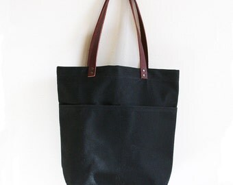 Black Waxed Canvas Tote Bag with Leather Straps and Two Front Pockets