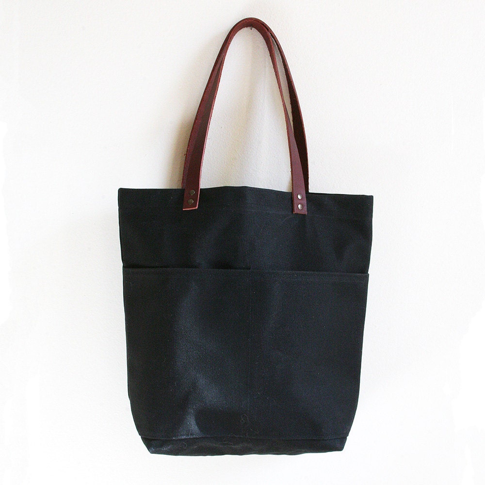 Black Waxed Canvas Tote Bag with Leather Straps and Two Front