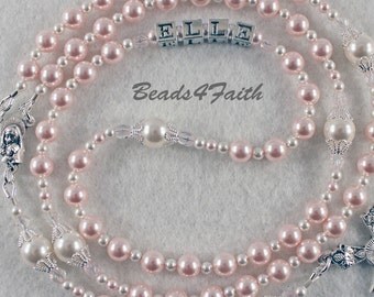 Girls Baptism Rosary, Communion, Confirmation, Personalized Rosary Beads with Pink Rosaline and White Swarovski Pearl Beads (26)