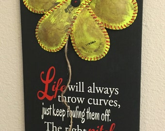 Christmas In July Life Will Always Throw Curves, Baseball/Softball Sign Decor, Inspirational Quote, Baseball Softball Flower Yellow Softball