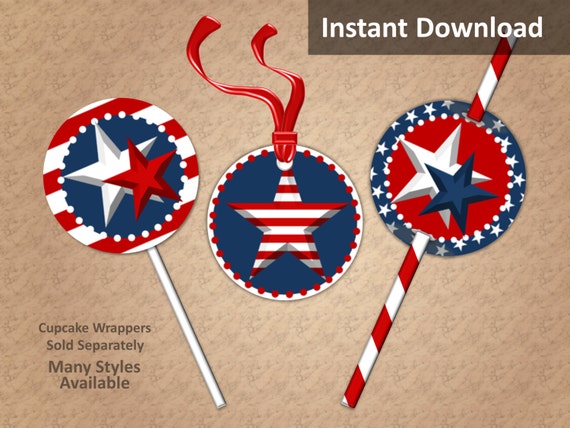 Patriotic Cupcake Toppers, Favor Tags or Straw Flags Instant Download, Red, White, Blue, Party Decorations Il_570xn