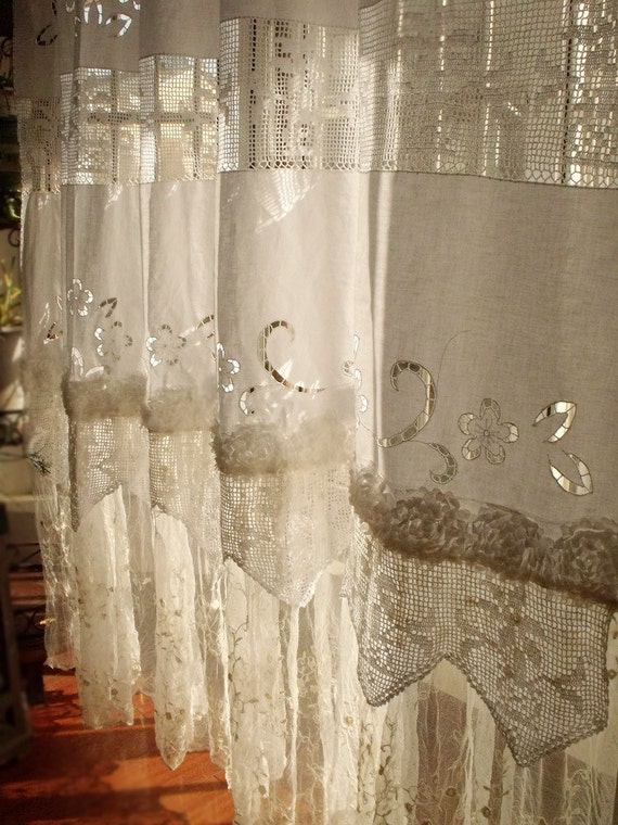 French Vintage crochet Lace Panel Curtain SHABBY White Chic