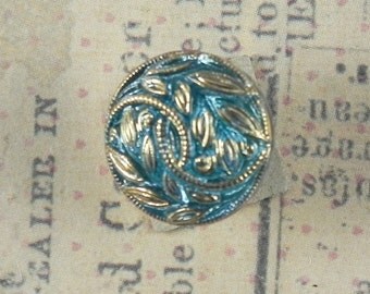 13mm Aqua Czech Glass Button - Aqua with Gold Floral Czech Glass 13mm Button - 2480 - 1 Piece