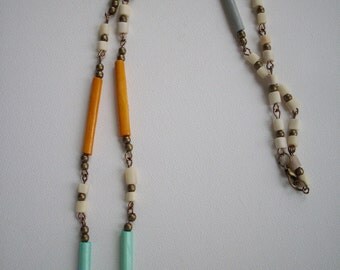 Lime Green Orange Light Turquoise Gray Ivory Bone Bead Necklace with Antique Brass Beads