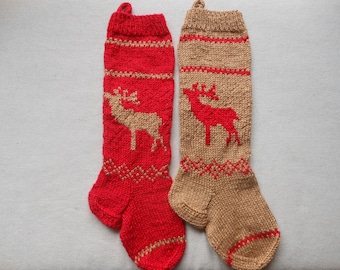 Knit Christmas Stocking Hand Knitted Personalized with Reindeer, Christmas Gift Christmas Decoration Red and Gold