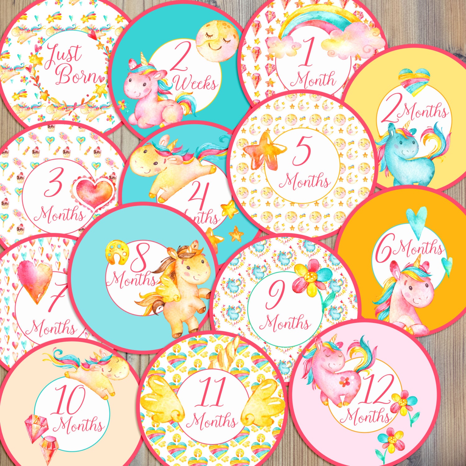 14 Unicorn Pegasus Horse Whimsical Rainbow Gems Hearts Moon