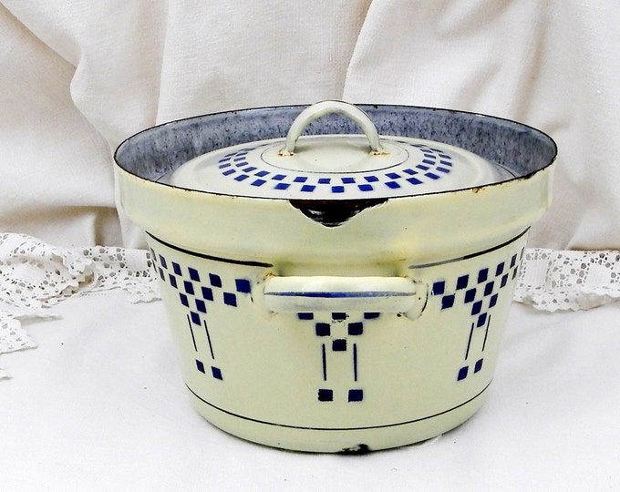 Antique French Lustucru Blue and Pale Yellow Enamelware Lidded Cooking Pot / Pan, Enamel, Cottage Kitchen, Farm Country Decor Rustic Chic