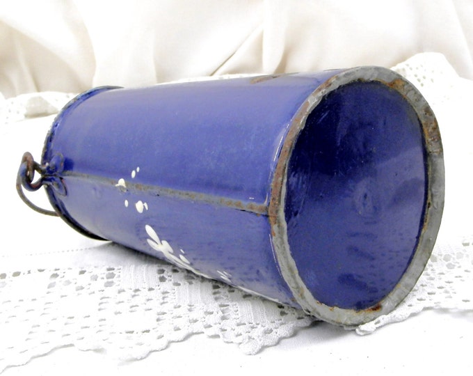 Antique French Early Enamelware Blue with White Hand Painted Flower and Butterfly Pattern Milk Pail / Churn, French Enamel Country Decor